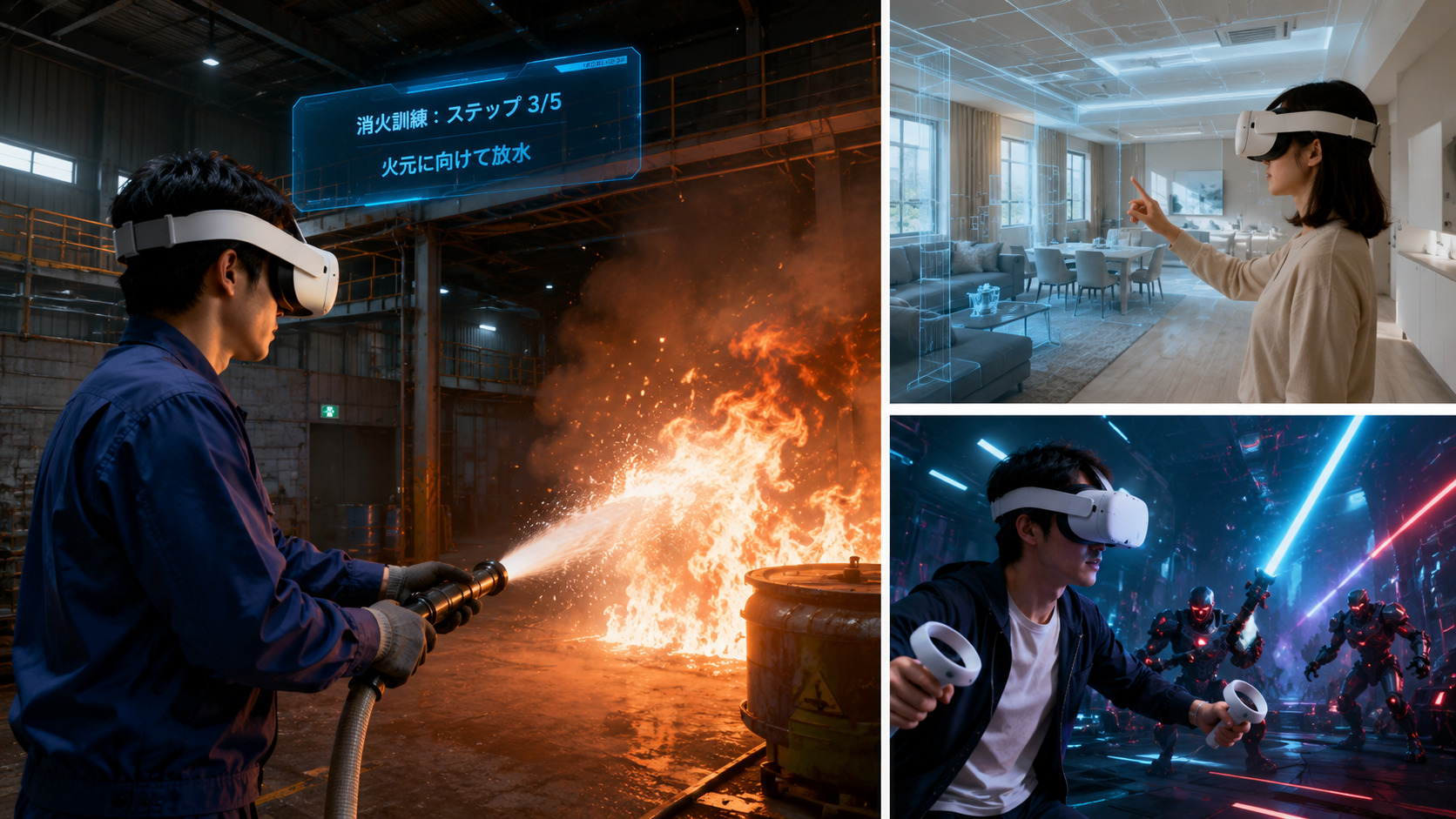 VR（仮想現実）のイメージ図｜ヘッドセットで仮想空間に没入する様子