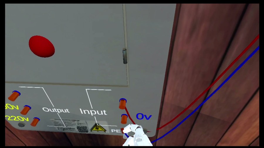 感電防止用遮断器VRの英語版。機器の端子にOutput・Input・0v・100V・220Vと英語と数値のラベルが表示されている画面