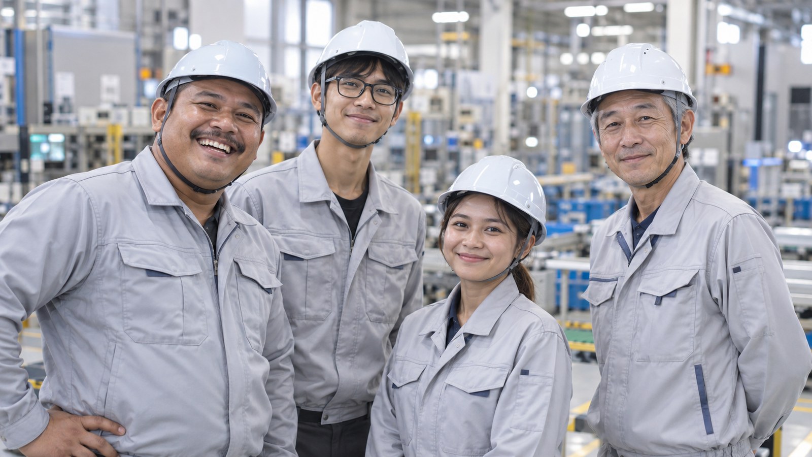 日本の製造工場で、作業服とヘルメットを着けた東南アジア出身の作業員3名と、日本人の現場責任者が並んで笑顔で立っている様子