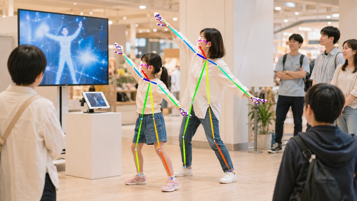 商業施設の体験ブースで来場者の動きをAIが解析しているイメージ