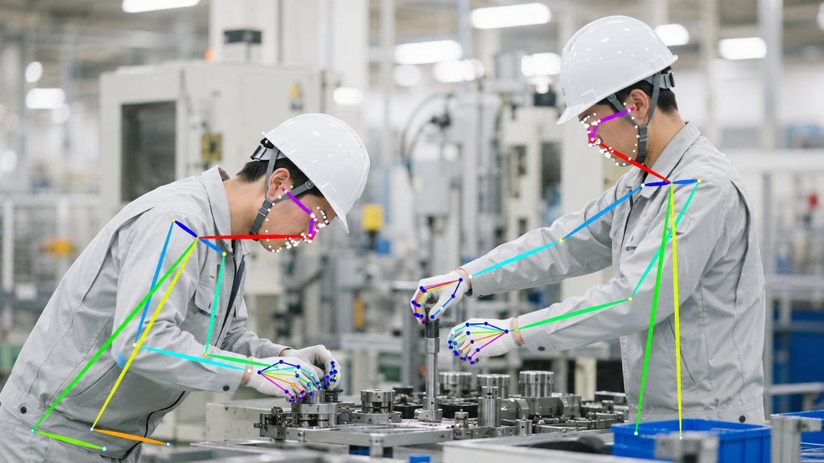 工場で作業する人の骨格をAIが検出し動作を解析しているイメージ