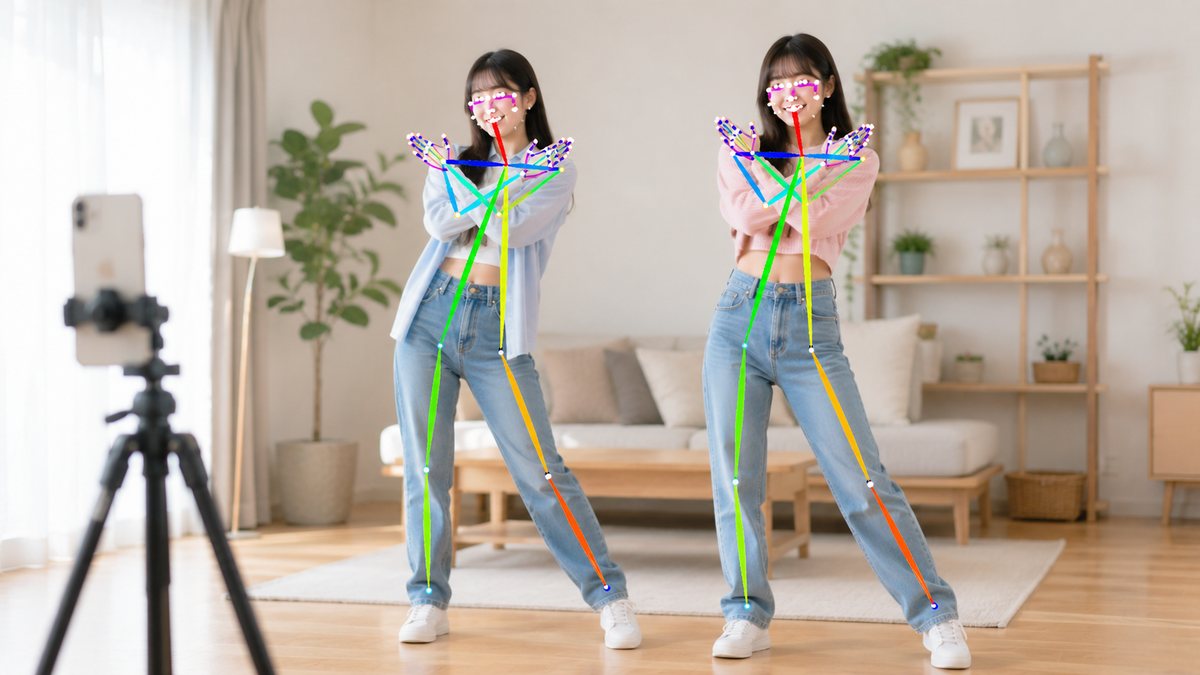 スマートフォンの前で振り付けを踊る人の骨格をAIが検出しているイメージ