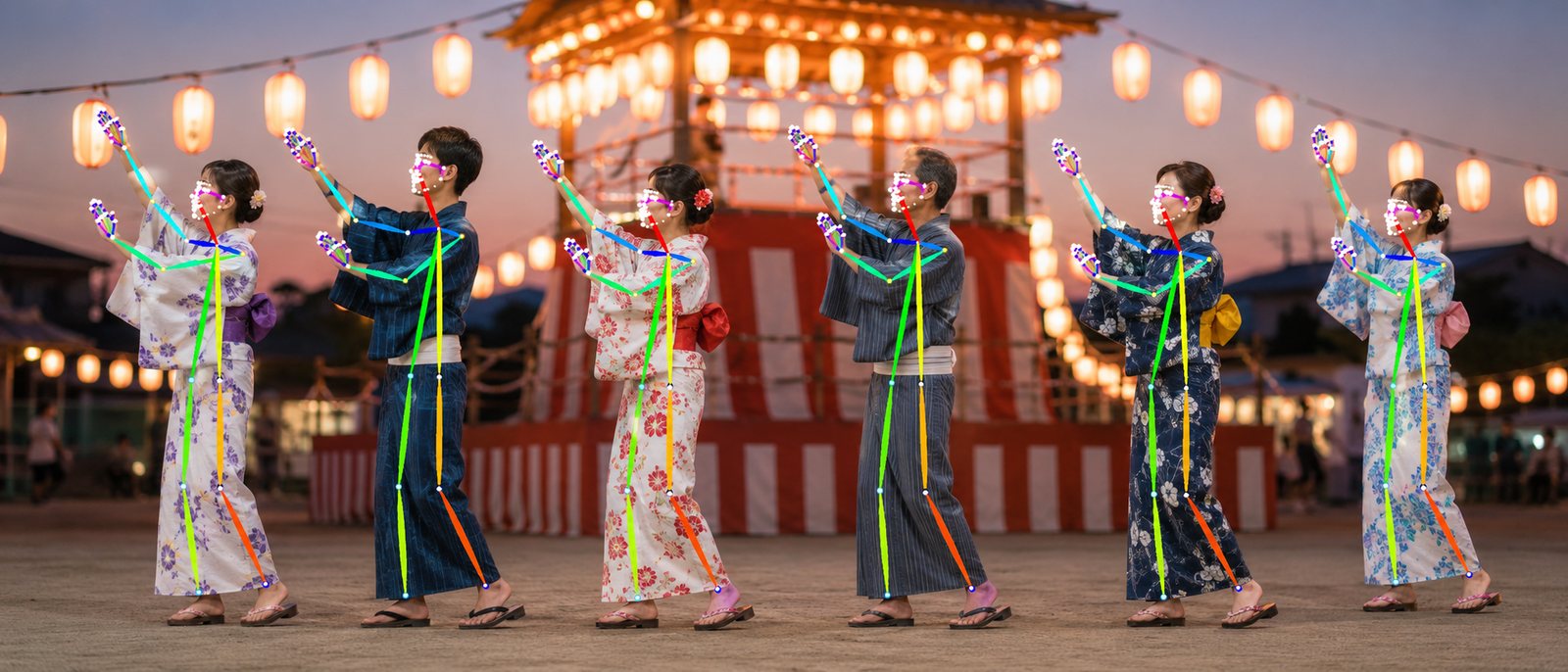 地域の盆踊りを練習する人の骨格をAIが検出しているイメージ