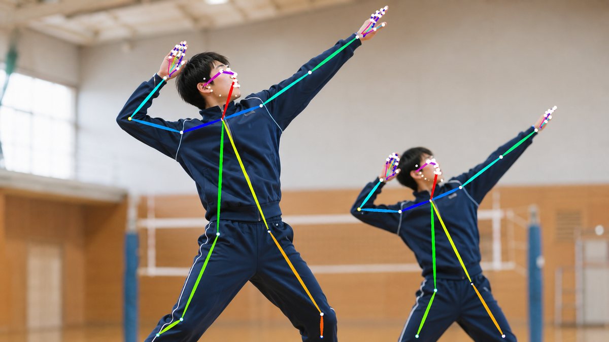 スポーツのフォーム練習で選手の骨格をAIが検出しているイメージ