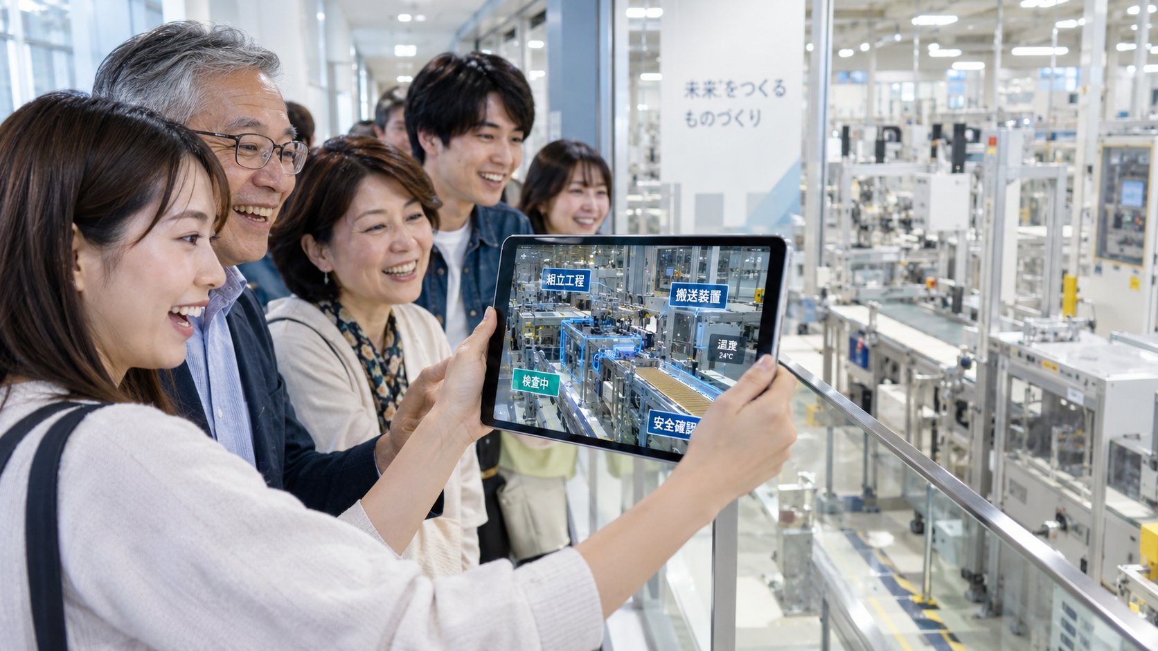 工場見学に訪れた一般の見学者がタブレットを機械にかざし、画面の中だけにARの案内が表示されている様子