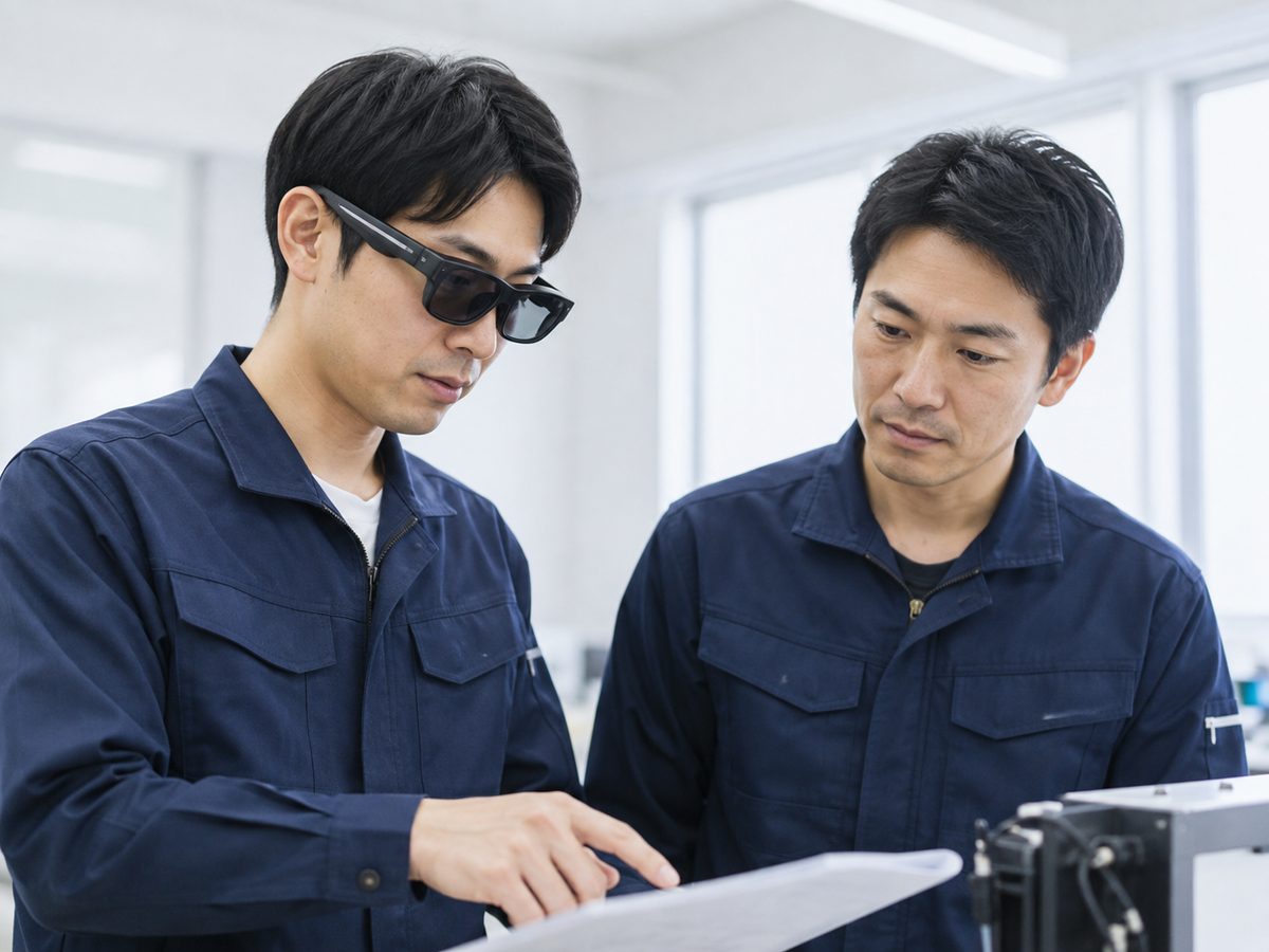 スリムなARグラスを装着して作業手順を確認する様子
