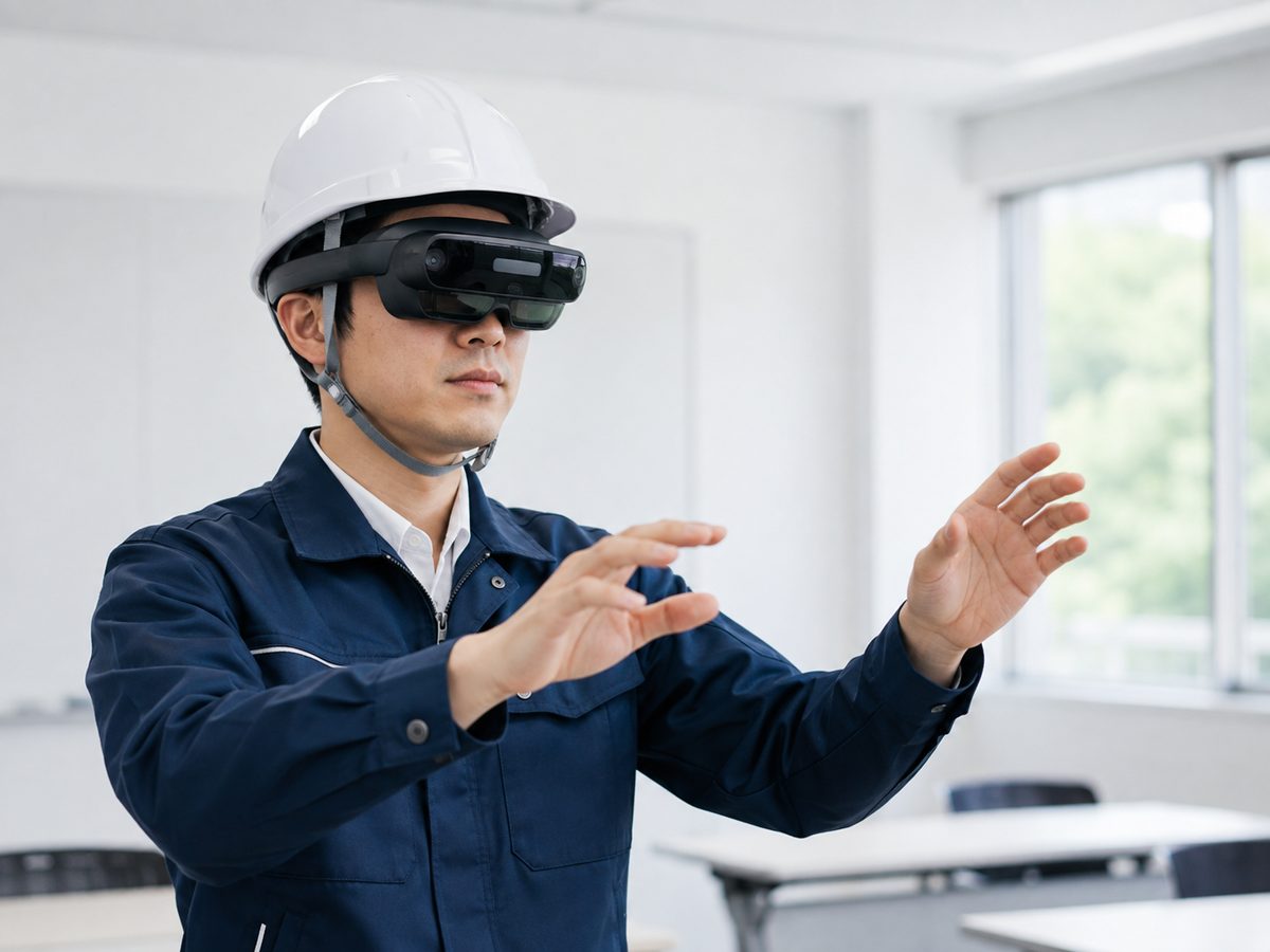 MRゴーグルを装着し、現実の空間に重なった設備を素手で操作する様子
