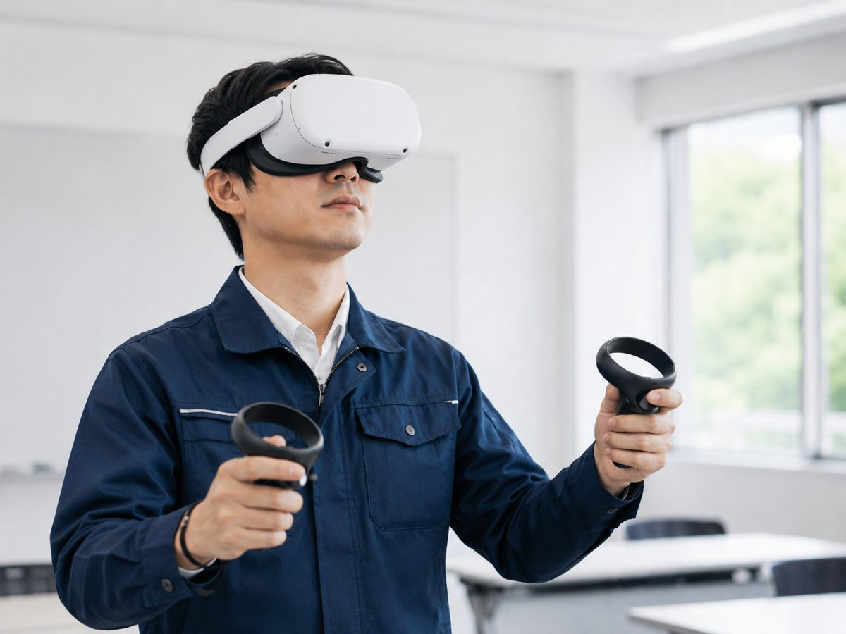VRヘッドセットを装着して完全没入の訓練を行う様子