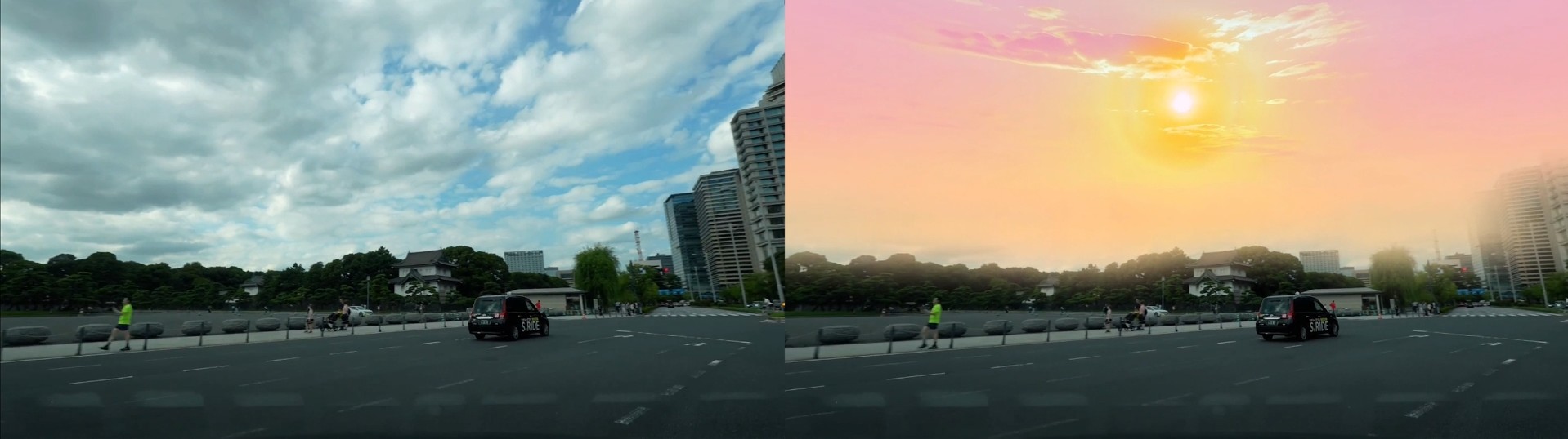 車窓映像の加工前と、空を夕焼けに差し替えた加工後の比較